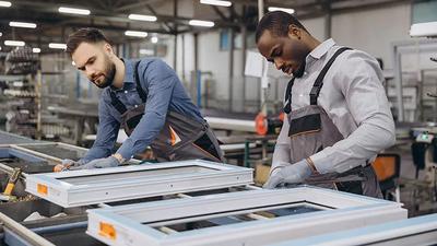 Manufacturing team collaborating on window component production line